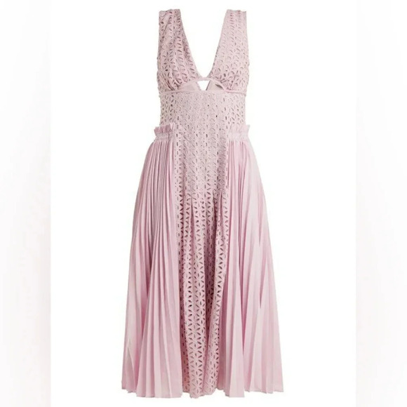 Self Portrait Broderie Anglaise And Pleated Panel Midi Lilac Dress Size 0 - Picture 2 of 12